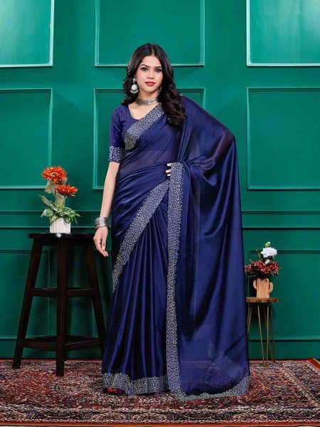 Luxury Silk Saree with Swarovski Diamond Lace Work   Unstitched Blouse Piece Daily Deals