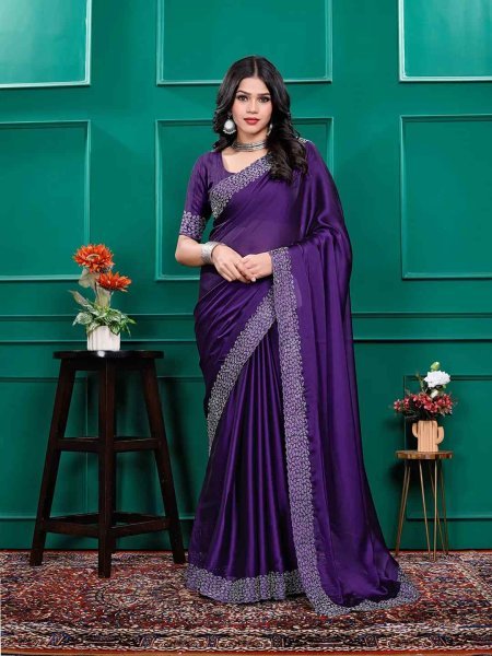Luxury Silk Saree with Swarovski Diamond Lace Work   Unstitched Blouse Piece Daily Deals