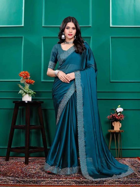 Luxury Silk Saree with Swarovski Diamond Lace Work   Unstitched Blouse Piece Daily Deals