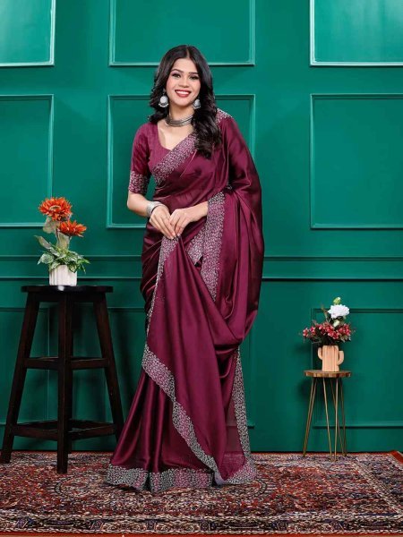 Luxury Silk Saree with Swarovski Diamond Lace Work   Unstitched Blouse Piece Daily Deals