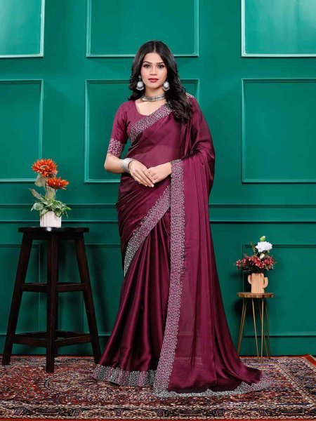 Luxury Silk Saree with Swarovski Diamond Lace Work   Unstitched Blouse Piece Designer Sarees
