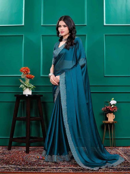 Luxury Silk Saree with Swarovski Diamond Lace Work   Unstitched Blouse Piece Designer Sarees
