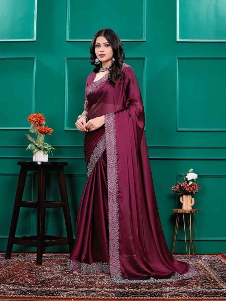 Luxury Silk Saree with Swarovski Diamond Lace Work   Unstitched Blouse Piece Designer Sarees