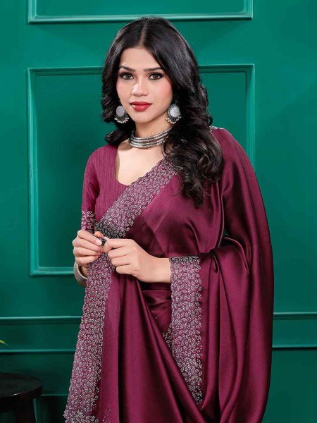 Luxury Silk Saree with Swarovski Diamond Lace Work   Unstitched Blouse Piece Designer Sarees