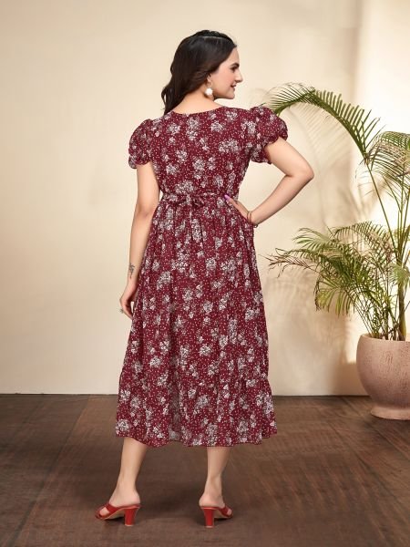 Maroon Elegant Floral Printed Georgette Anarkali Dress for Timeless Style Dresses