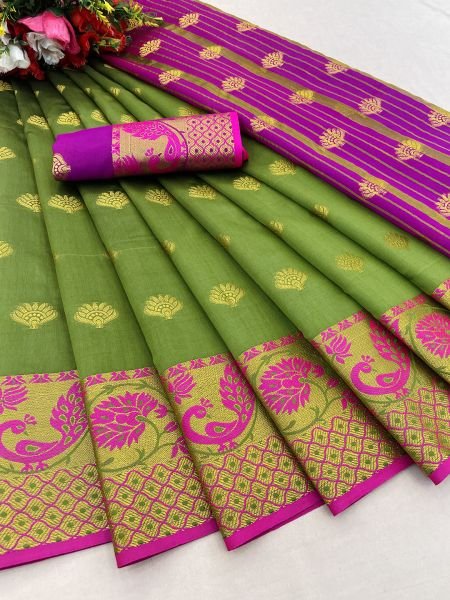 Mehendi Green Banarasi Cotton Silk Saree with Jacquard Zari Weaving Sale