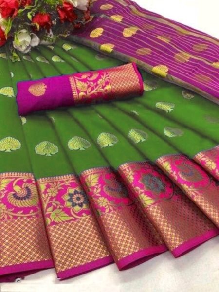 Mehendi Green Cotton Silk Banarasi Saree with Zari Woven Jacquard for Festive Wear Sale