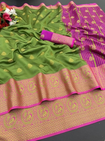 Mehendi Green Cotton Silk Banarasi Saree with Jacquard Zari Peacock Woven Border Sale