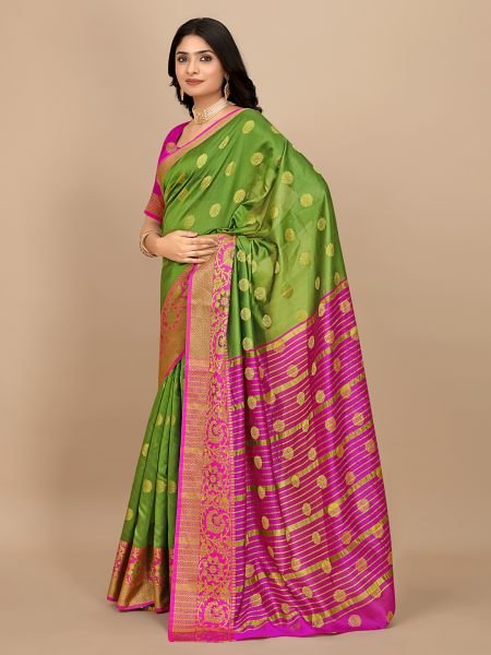 Mehendi Green Ready To Wear Cotton Silk Woven Zari Jacquard Banarasi Traditional Saree Banarasi Sarees