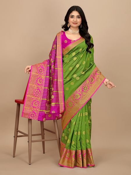 Mehendi Green Ready To Wear Cotton Silk Woven Zari Jacquard Banarasi Traditional Saree Banarasi Sarees