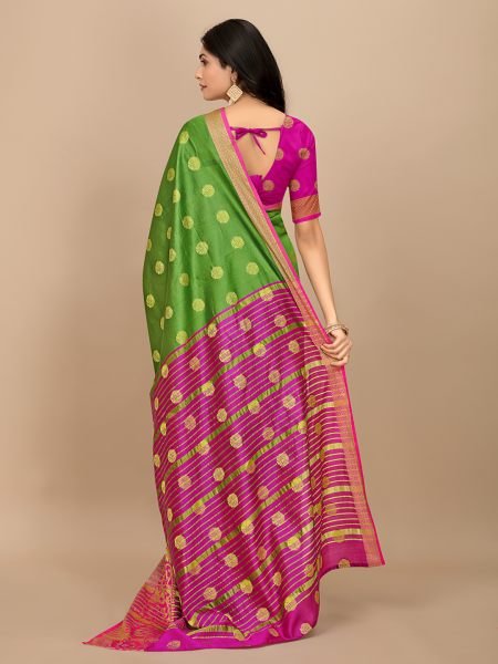 Mehendi Green Ready To Wear Cotton Silk Woven Zari Jacquard Banarasi Traditional Saree Banarasi Sarees