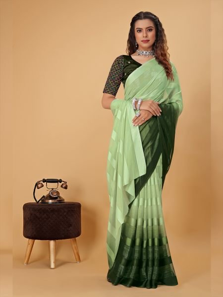 Mehendi Green Plain Satin Striped Georgette Saree Designer Sarees