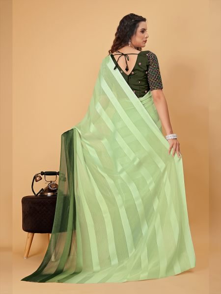 Mehendi Green Plain Satin Striped Georgette Saree Designer Sarees