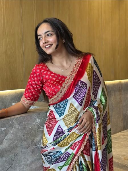 Modal Satin Silk Bandhani Printed Saree with Embroidered Border   Lace Work Saree