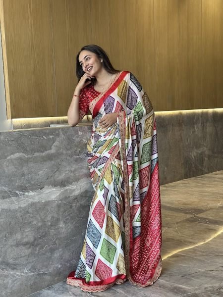 Modal Satin Silk Bandhani Printed Saree with Embroidered Border   Lace Work Printed Sarees