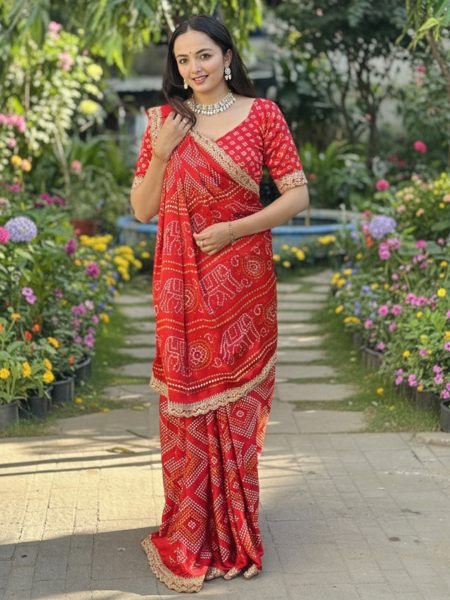 Modal Satin Silk Bandhani Printed Saree with Embroidered Border   Lace Work Printed Sarees