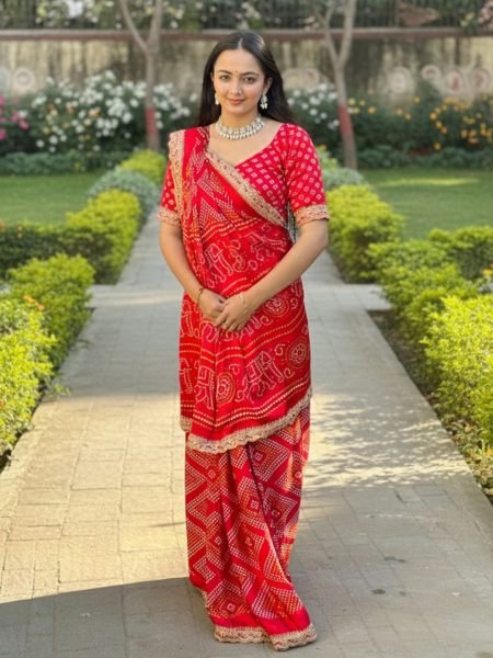 Modal Satin Silk Bandhani Printed Saree with Embroidered Border   Lace Work Printed Sarees