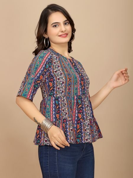 Multi Ethnic Print Peplum Crop Top with Boat Neck   Half Sleeves Tops & Tshirts