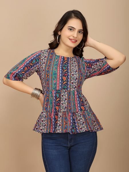 Multi Ethnic Print Peplum Crop Top with Boat Neck   Half Sleeves Tops & Tshirts