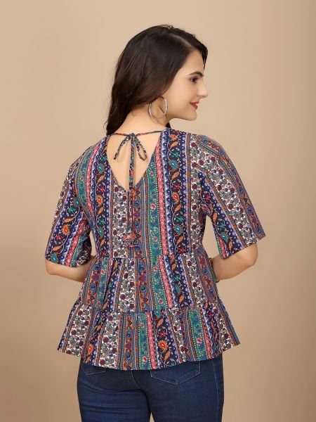 Multi Ethnic Print Peplum Crop Top with Boat Neck   Half Sleeves Tops & Tshirts