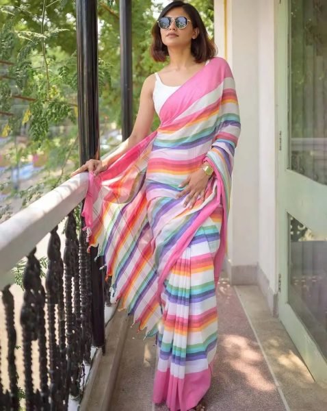 Multicolor Striped Cotton Linen Printed Saree Saree
