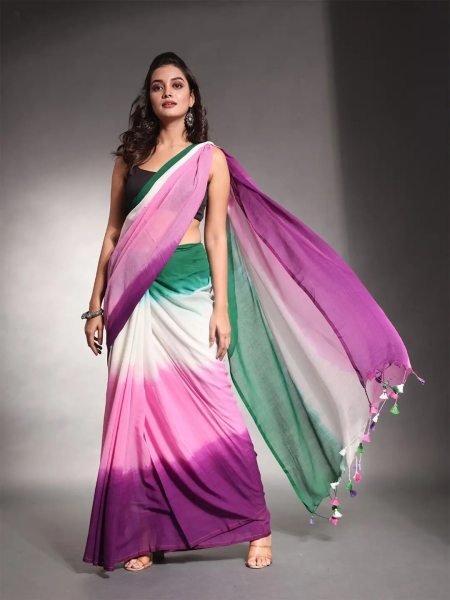 Multicolor Striped Cotton Linen Printed Saree Saree