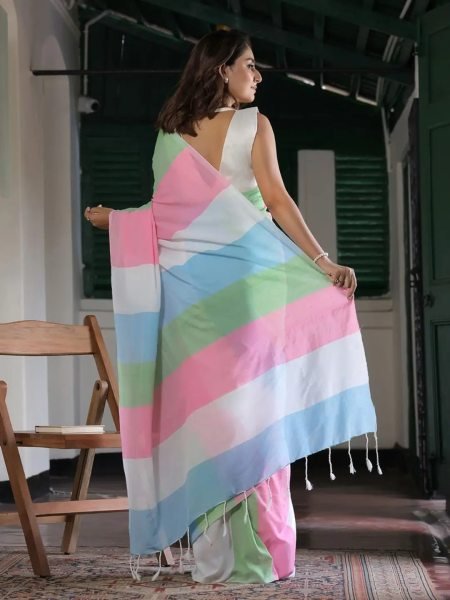 Multicolor Striped Cotton Linen Printed Saree Printed Sarees