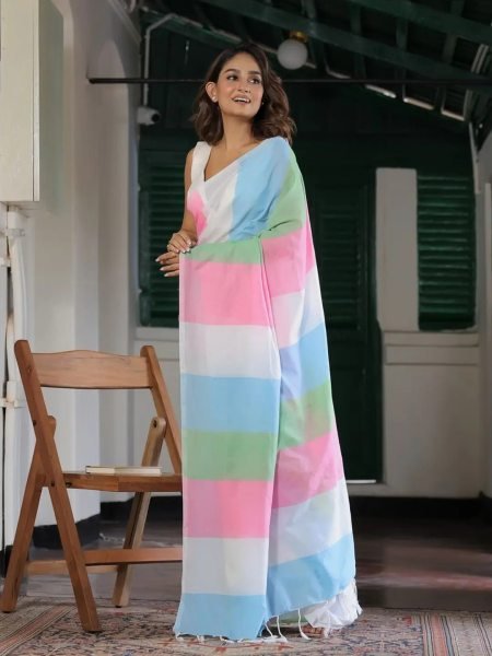 Multicolor Striped Cotton Linen Printed Saree Printed Sarees