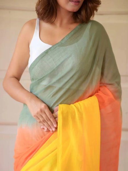 Multicolor Striped Cotton Linen Printed Saree Printed Sarees