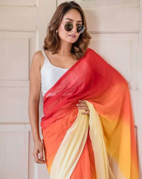 Multicolor Striped Cotton Linen Printed Saree Printed Sarees