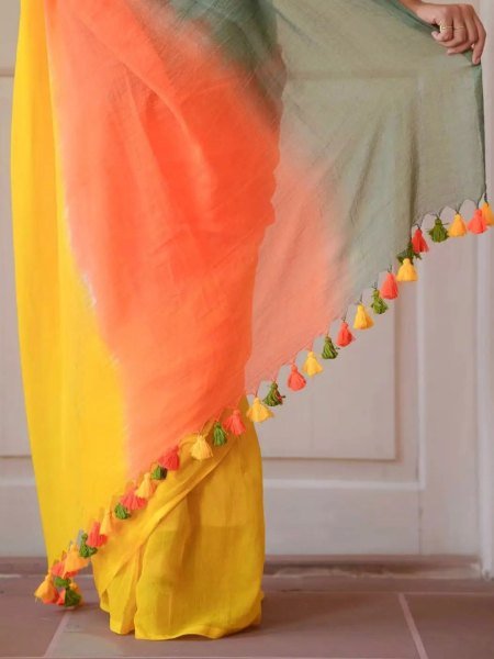 Multicolor Striped Cotton Linen Printed Saree Printed Sarees