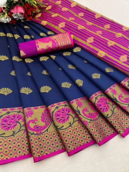 Navy Blue Banarasi Cotton Silk Saree with Jacquard Zari Weaving Sale