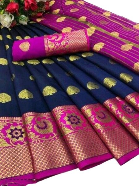 Navy Blue Cotton Silk Banarasi Saree with Zari Woven Jacquard for Festive Wear Sale