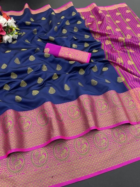 Navy Blue Cotton Silk Banarasi Saree with Jacquard Zari Peacock Woven Border Sale