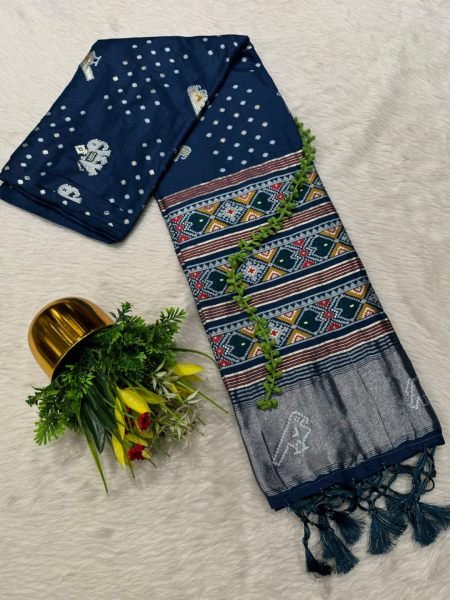 Navy Blue Cotton Silk Saree with Traditional Patola Print and Tassel Border Pallu Patola Sarees