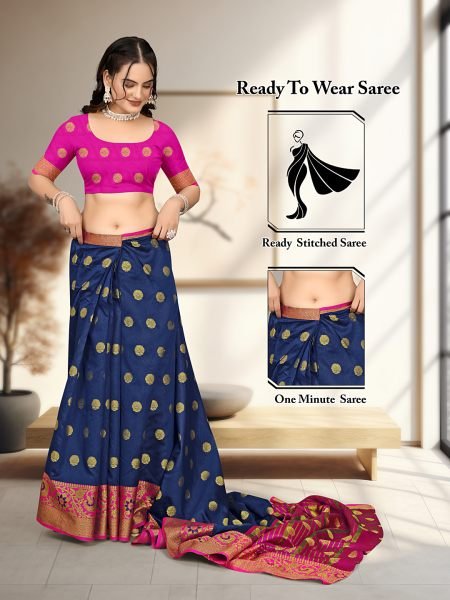 Navy Blue Ready To Wear Cotton Silk Woven Zari Jacquard Banarasi Traditional Saree Sale