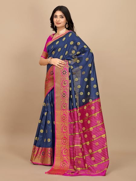 Navy Blue Ready To Wear Cotton Silk Woven Zari Jacquard Banarasi Traditional Saree Banarasi Sarees