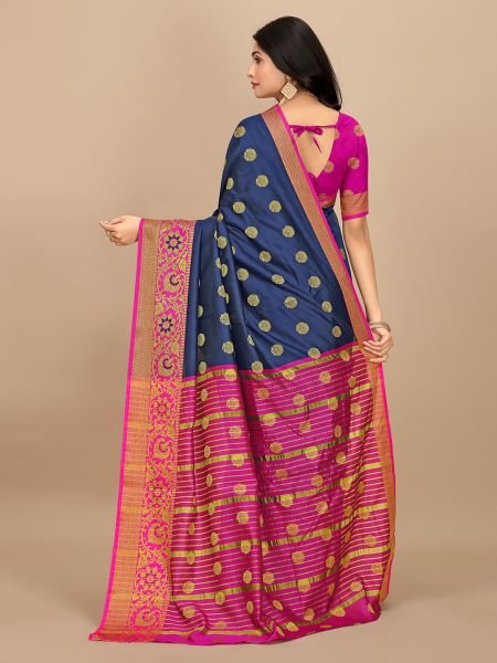 Navy Blue Ready To Wear Cotton Silk Woven Zari Jacquard Banarasi Traditional Saree Banarasi Sarees