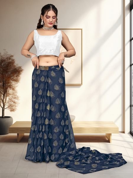 Navy Blue Floral Print Ready To Wear Daily Saree Sale