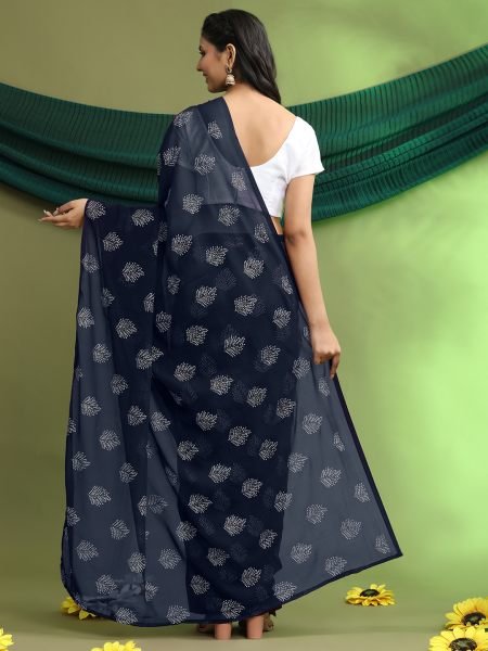 Navy Blue Floral Print Ready To Wear Daily Saree Ready To Wear Sarees