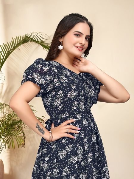 Blue Elegant Floral Printed Georgette Anarkali Dress for Timeless Style Dresses