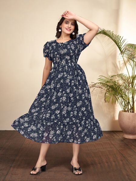 Blue Elegant Floral Printed Georgette Anarkali Dress for Timeless Style Dresses