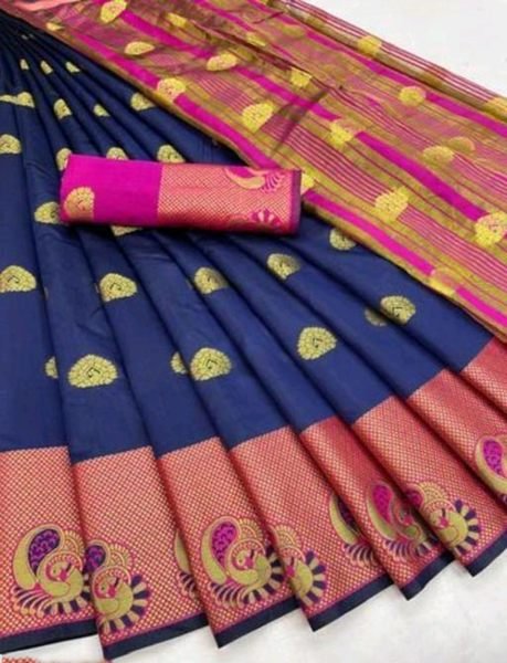 Navy Blue Green Cotton Silk Jacquard Woven Banarasi Saree with Zari for Festive Occasions Sale