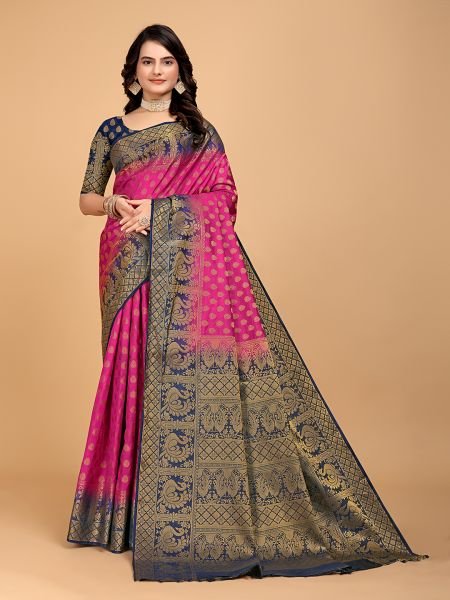 Navy Blue   Pink Woven Banarasi Nylon Pure Silk Saree Sale