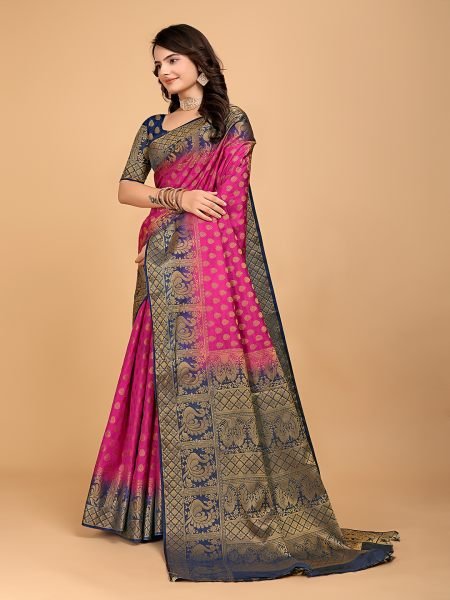 Navy Blue   Pink Woven Banarasi Nylon Pure Silk Saree Banarasi Sarees