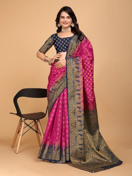 Navy Blue   Pink Woven Banarasi Nylon Pure Silk Saree Banarasi Sarees