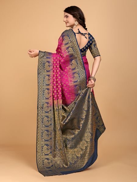 Navy Blue   Pink Woven Banarasi Nylon Pure Silk Saree Banarasi Sarees