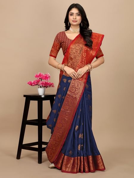 Navy Blue Pure Silk Fabric Jacquard Copper Zari Authentic Kanjivaram Elegance Sale