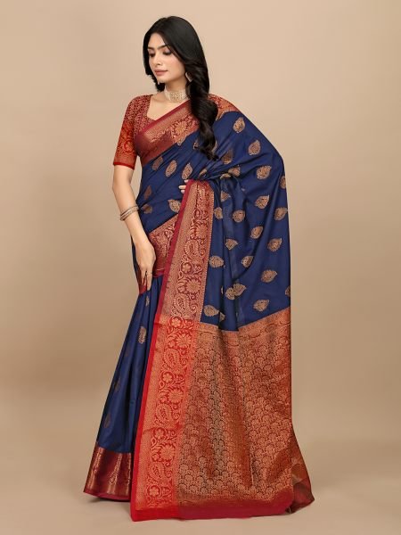 Navy Blue Pure Silk Fabric Jacquard Copper Zari Authentic Kanjivaram Elegance Banarasi Sarees