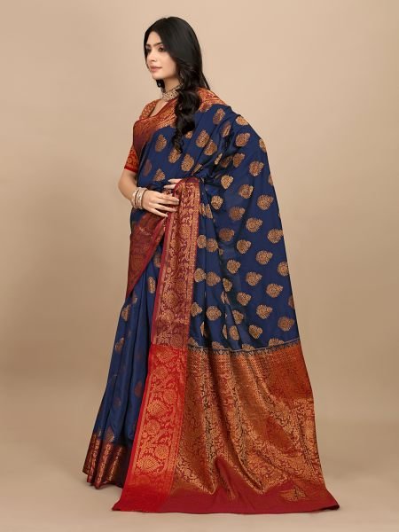 Navy Blue Pure Silk Fabric Jacquard Copper Zari Authentic Kanjivaram Elegance Banarasi Sarees